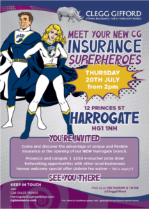 Harrogate brach launch poster with brand ambassadors Mr Unique and Miss Flexible inviting you to the event